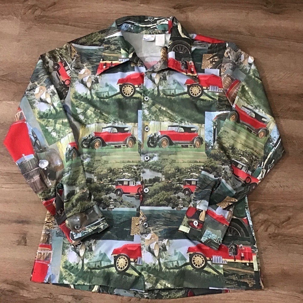 VTG Shirt Size L Ford Cars Long Sleeve Butterfly Collar Button Down  Print Scene